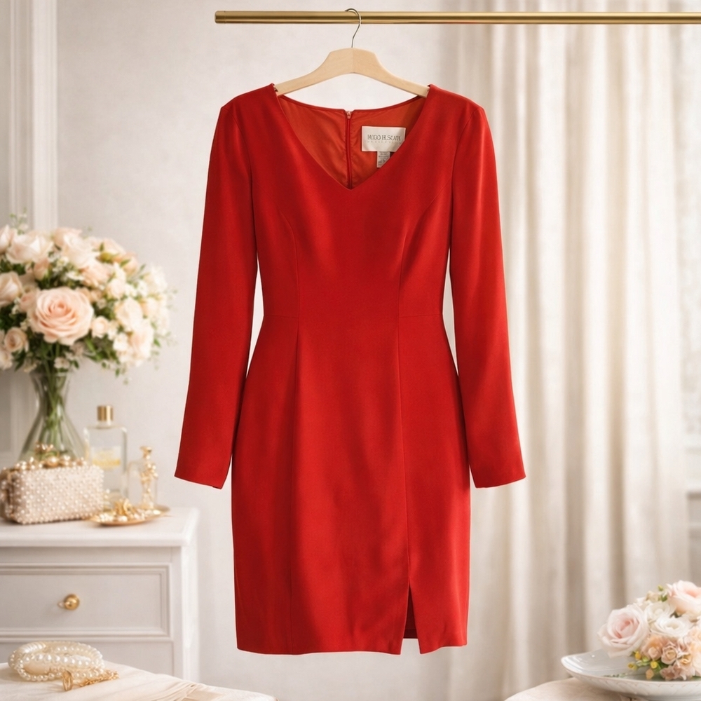 Hugo Buscati Red Silk Cocktail Dress Size 4 Long Sleeve Party
